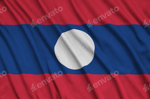 Preview: Laos flag is depicted on a sports cloth fabric with many folds. Sport team waving banner