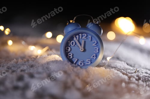 Preview: Alarm clock and Christmas lights on white snow outdoors. Midnight countdown