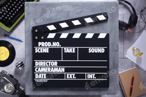 Preview: Movie clapboard or clapper at old table. Clapperboard and screenwriter or movie writer concept