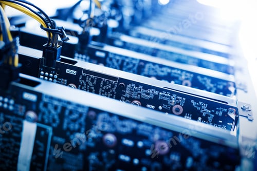 Preview: Circut boards standing in a row. Close-up