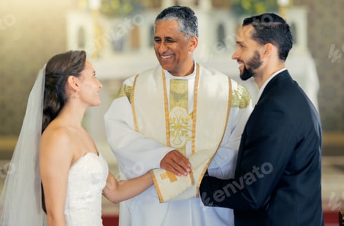 Preview: Wedding, priest and couple holding hands in church for a christian marriage oath and faithful commi