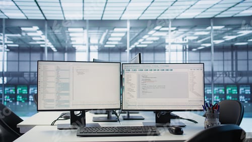 Preview: Lines of code running on computer screens in data center