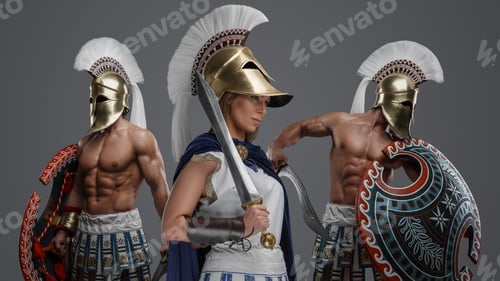 Preview: Greek female warlord with plumed helmet and two warriors