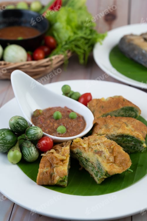 Preview: Shrimp paste, along with omelette, Cha-om and eggplant, placed in a white plate on a wooden floor.