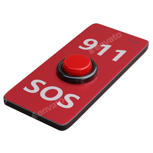 Preview: 911 SOS red button on a mobile phone isolated on white. Emergency call hotline