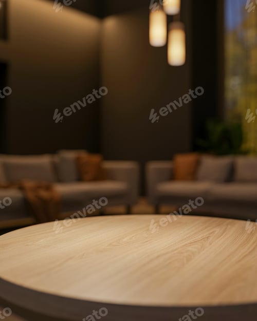 Preview: Empty blank round wooden table across sofa couch and ceiling lamp in dim lit cafe room night lounge.