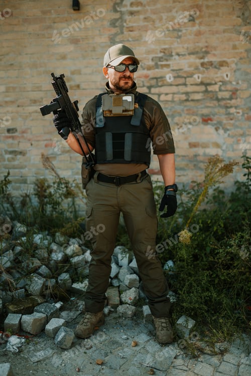 Preview: Soldier holding submachine gun near brick wall in destroyed city