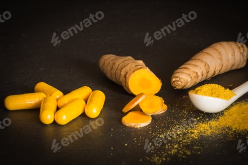 Preview: Closeup of yellow capsules next to a turmeric root and its powder on a spoon