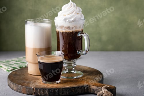 Preview: Variety of coffee drinks on green background, Irish coffee