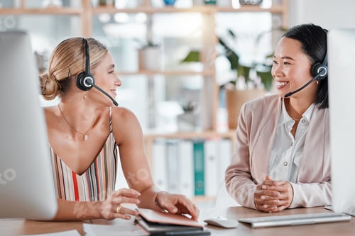 Preview: Call center, customer support and female consultants talking or helping with consultation online. C