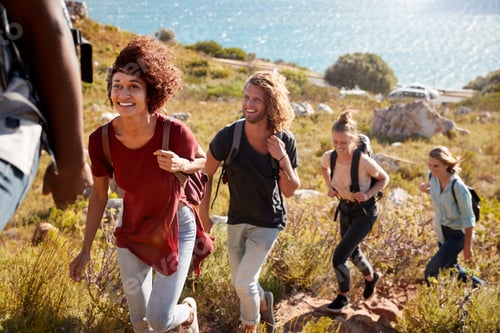 Preview: Happy young adult friends hiking single file uphill on a path by the coast, full length