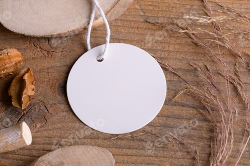 Preview: Round white tag mockup on a rustic wooden background with cotton string and boho decoration