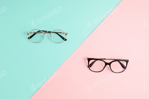Preview: Stylish eyeglasses over pastel background. Optical store, glasses selection, eye test, vision