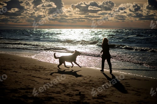 Woman and Dog Running on the Beach at Sunset
