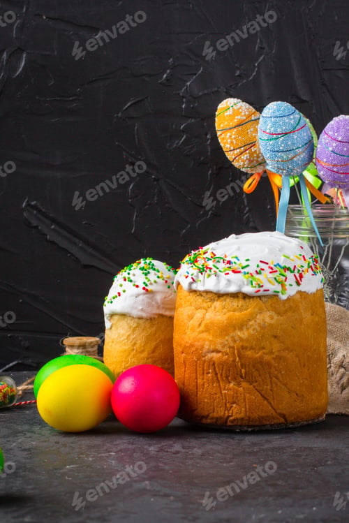 Preview: Easter Cake And Easter Eggs, Traditional Holiday Attributes (Happy Easter!). Food Background. Top