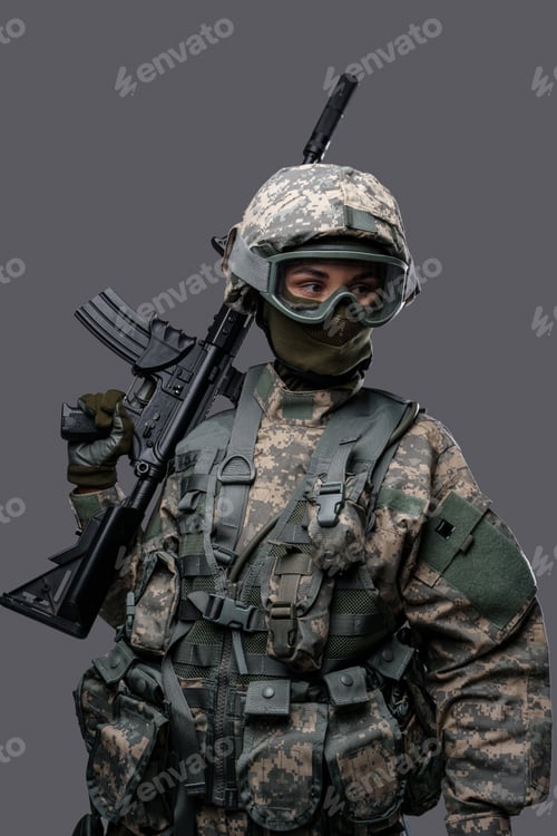Preview: Soldier woman with rifle dressed in modern protective uniform