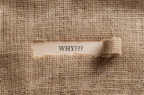 Preview: Rough linen fabric with a torn window in the middle with a WHY??? question written in it