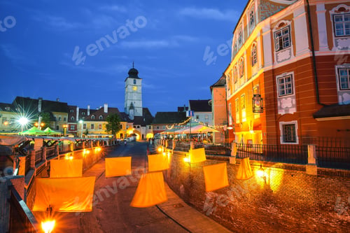 Preview: Lesser Square and Council Tower at twilight. Transylvania saxon city.