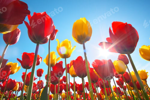 Preview: Tulips and clear sunny sky.
