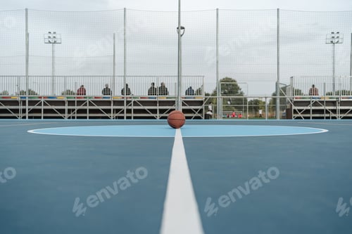 Preview: Basketball lying on court center line with people watching a match