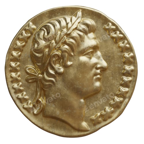 Preview: Old gold coin isolated on white, ancient male head with laurel wreath, 3d