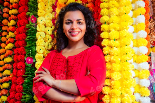 Preview: portrait of brunette indian florist female in floral bazar looking at camera and smile