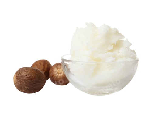 Preview: Shea butter in bowl and nuts isolated on white