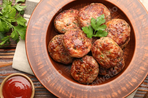 Preview: Roasted meat patties served on wooden table, flat lay