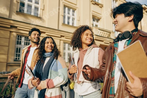 Preview: Happy students talking each other walking near university campus and holding books and laptop