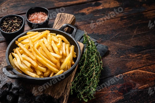 Preview: Skilet full of Potato french fries with salt. Wooden background. Top view. Copy space
