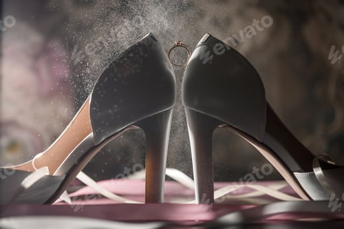 Preview: Sparkling Diamond Ring Between Bridal Shoes, Close-Up