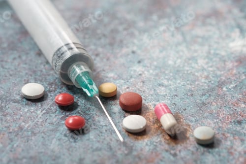 Preview: syringe and pills on dark background, close up