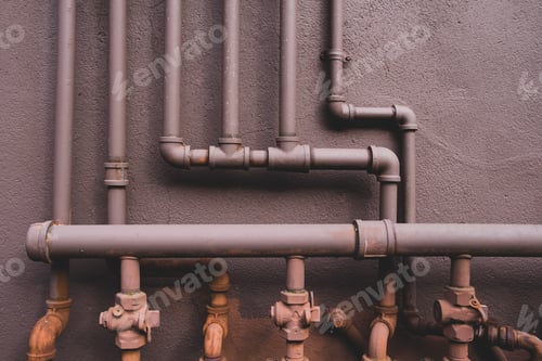 Preview: Natural gas utility pipes running along a brown wall, valves and joints.