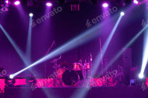 Preview: Empty stage concert with lighting laser beam spotlight show in disco pub club bar for party music