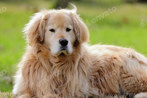 Preview: Golden retriever resting in a grassy field