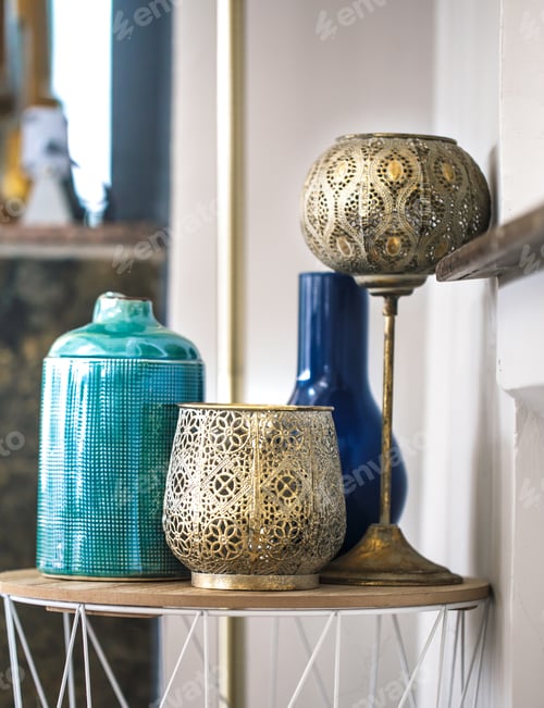 Preview: Colored vases in the interior of the cafe. East style