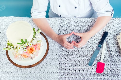 Preview: confectioner pastry chef woman shows fingers heart symbol next to creamy
