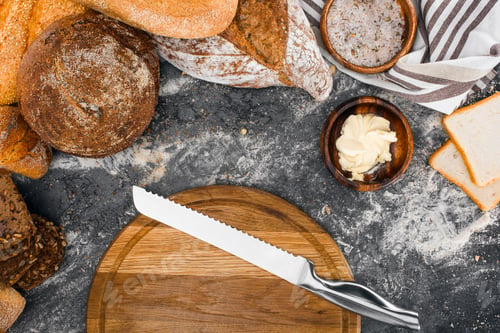 Preview: top view of various fresh homemade bread and cutting board with knife