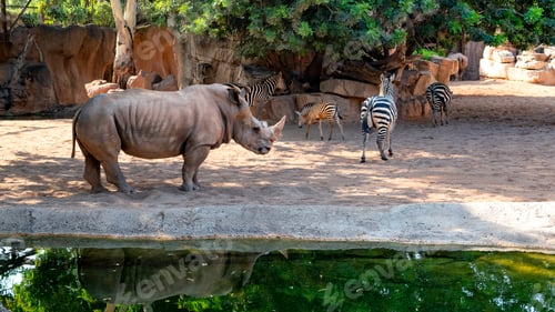 Preview: A zebra and a rhinoceros beside a pond in the middle