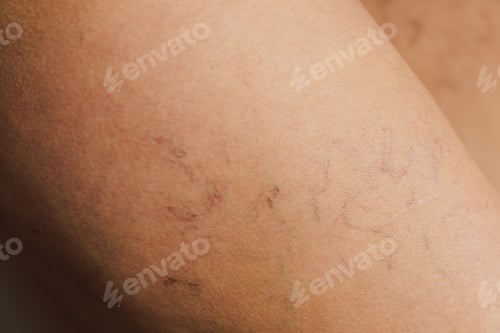 Preview: Varicose veins of small vessels on the skin of a woman's thigh.