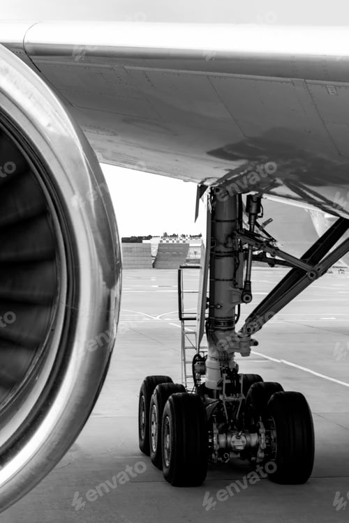 Preview: Airplane parked at airport. aircraft engine and chassis.