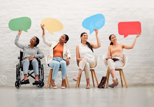 Preview: Diverse, modern young group of female colleagues holding opinion speech bubbles, thinking about new