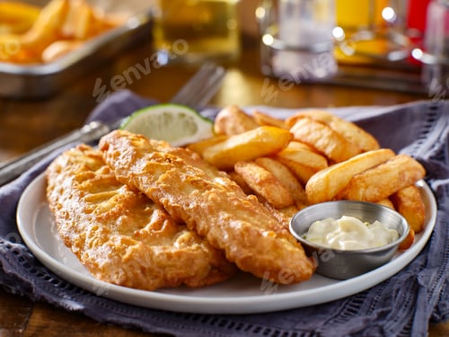 Preview: fish and chips on plate with tartar sauce