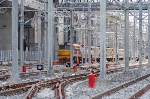 Preview: Train or tram on railway in urban city in public transportation. Vehicle
