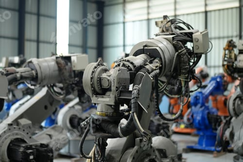 Preview: Robotics engineer working on maintenance of robotic arm in factory warehouse. Business technology.