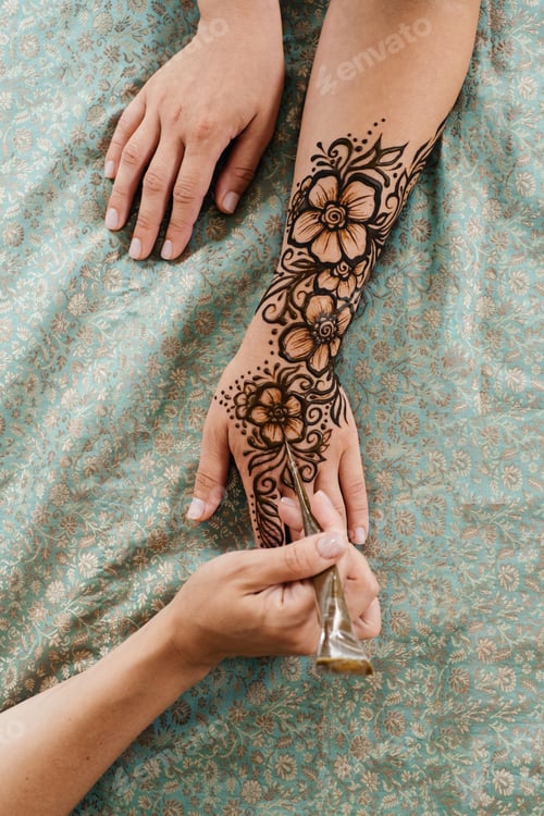 Preview: Henna tattoo on woman hands, artist drawing Arabic mehndi