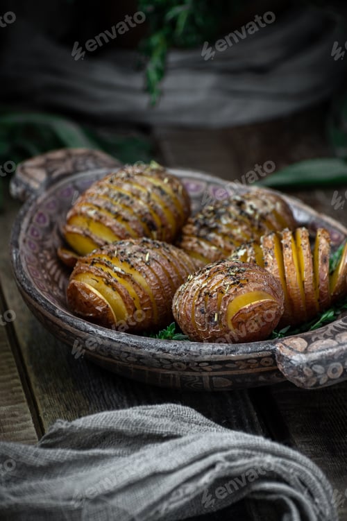 Preview: Baked whole potatoes with herbs and spices. Food photography in