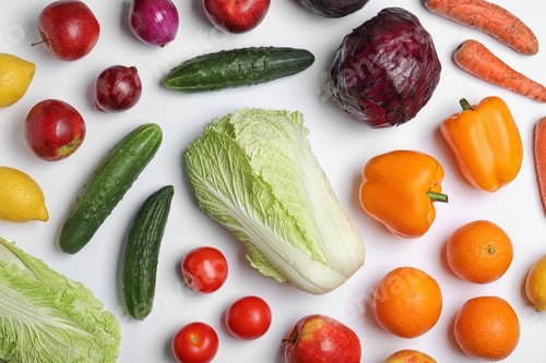 Preview: Flat lay composition with ripe fruits and vegetables on white background