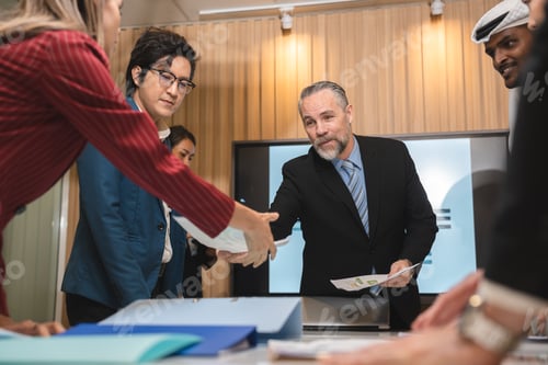 Preview: diverse business team leader discuss financial paperwork, Smart businessman and businesswoman
