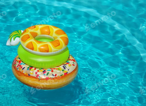 Preview: Stack of colorful inflatable rings floating in swimming pool on sunny day. Space for text